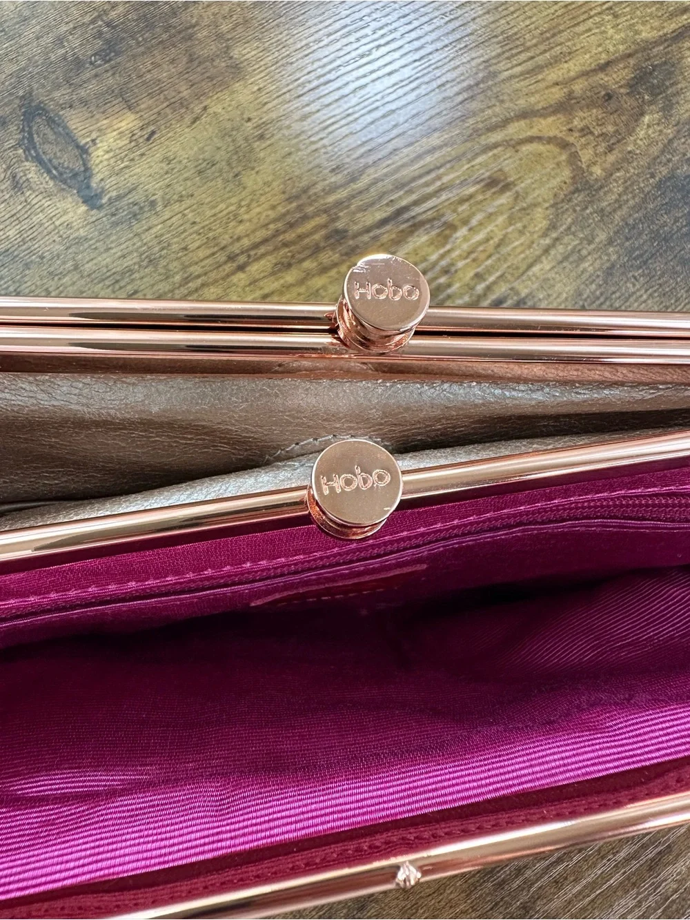 Hobo Lauren Clutch Wallet, Double Kisslock, Blush Leather, Rose Gold Hardware